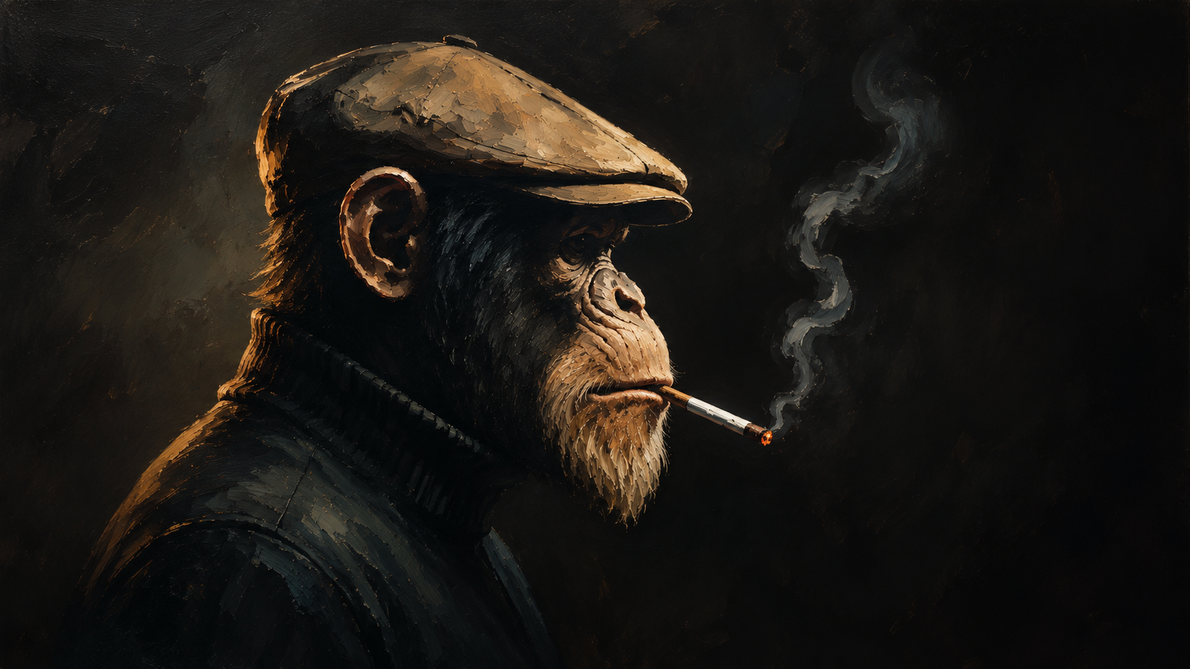 Old chimpanzee with flat cap and cigarette